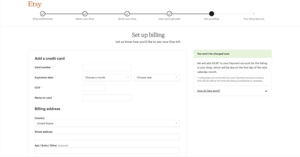 Set Up Billing -  sell on Etsy