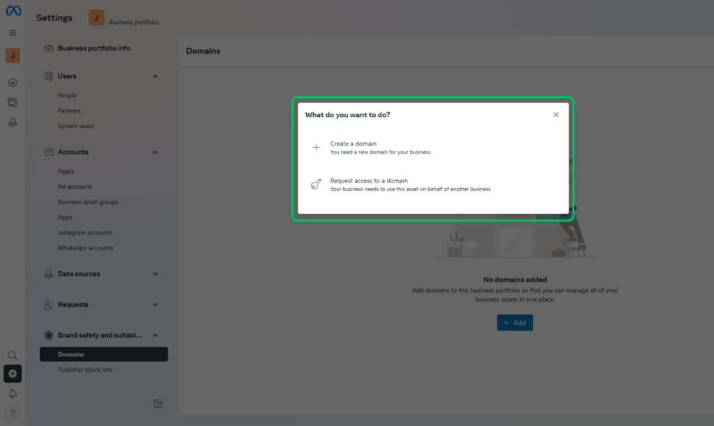 domain option on meta business suite