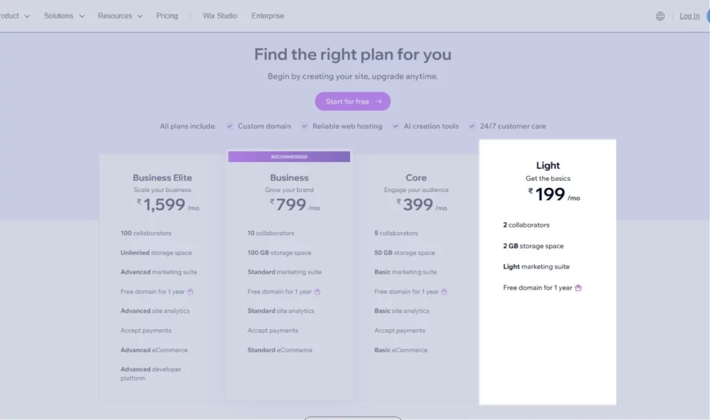 Wix Light Plan